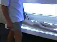 Horny brunette fucked on a sunbed